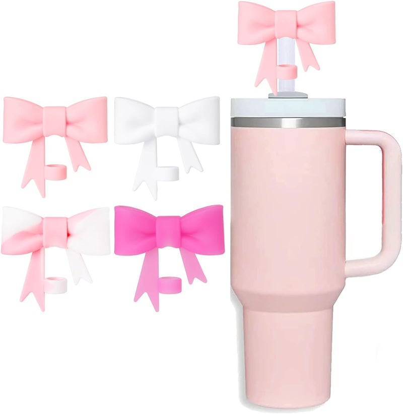 HIUSITY Pink Bow Straw Cover Topper for Stanley Cup,Silicone Beige Straws Toppers for Tumbler with Handle 40oz,Cute 10mm/0.4in Covers Cap,Reusable Lids for Stanleys Cups Accessories, 4Pcs - Image 1